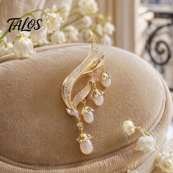 Talos Brooch Pin, Imitation Pearl Flowers Lapel Pin with Sparkling Cubic Zirconia, Flower Tassel Drape Design Badge for Suits Dresses Bags Daily Wear