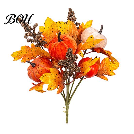 Seasonal Fabric Flower Bouquet Artificial Fall with Pumpkins Maple Leaves Wheat Berries, Faux Autumn Home Decor for Thanksgiving Centerpieces, Floral