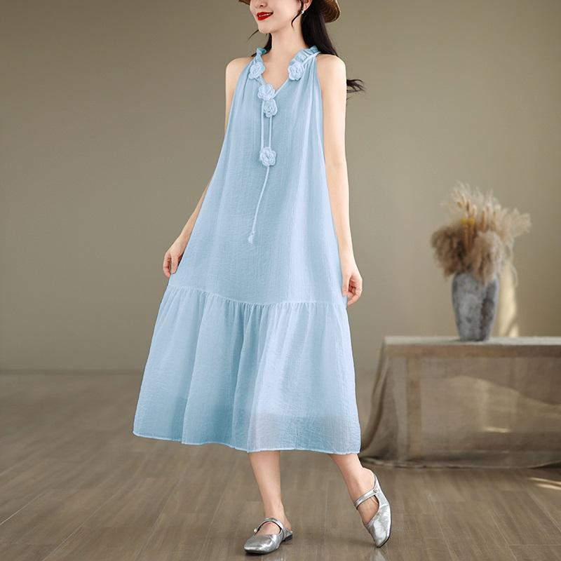 

Ремень без рукавов размера плюс, хлопковое винтажное новое платье с цветочным принтом для женщин, повседневное свободное длинное летнее платье XXL синий