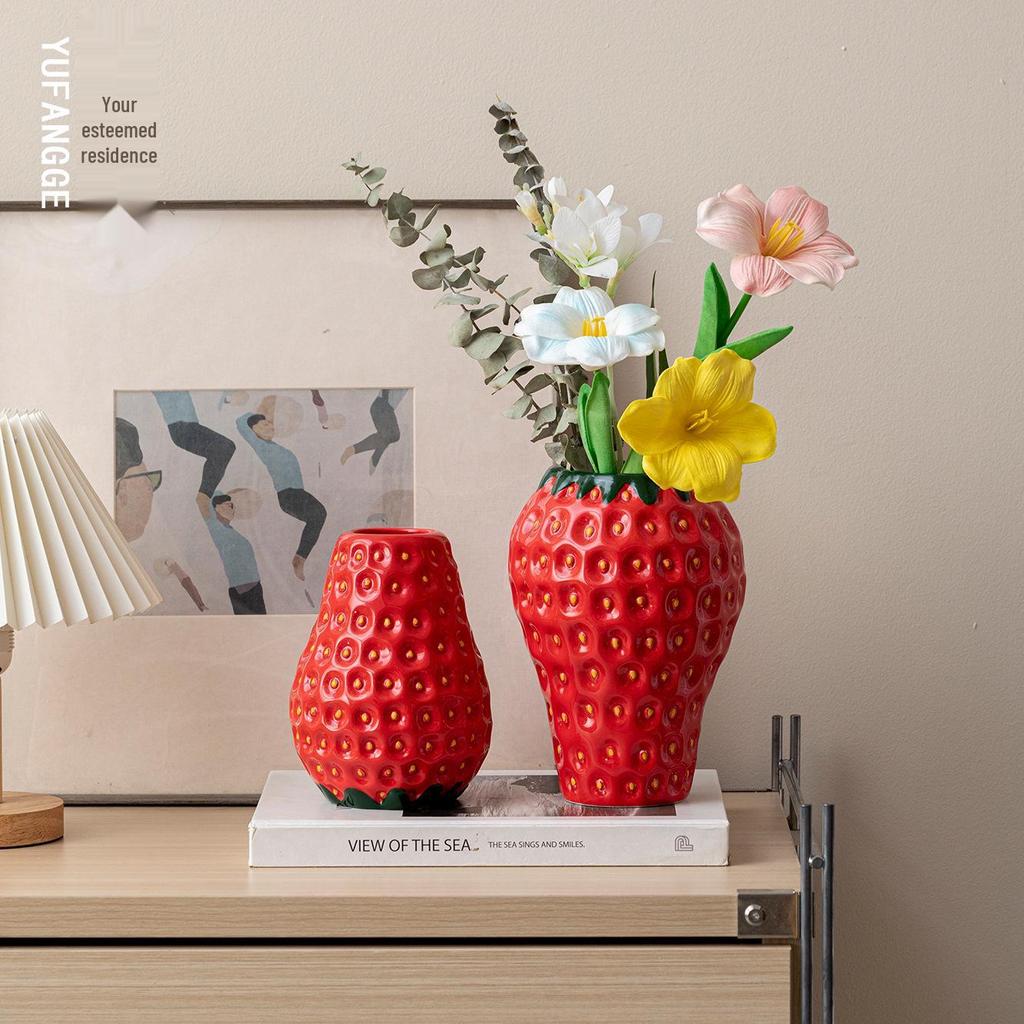 Vaso in Ceramica Fragola per Fiori Freschi o Secchi - Elegante Decorazione per la Casa e Ornamento per l'Ingresso
