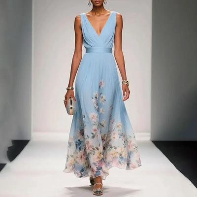 LYRIA Summer Fashionable Sleeveless Sexy Women's Dress Vintage Floral Print V-neck Ladies High Waisted Evening Party Dresses
