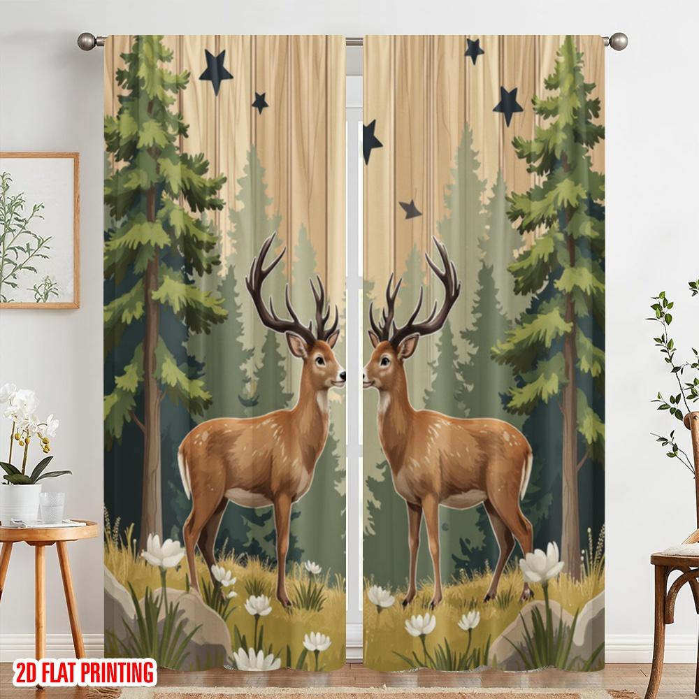 2 Stück, 2D-Flachdruck Lichtfilternde Vorhänge Hirsch-Duo Vielseitiger Stoff (ohne Stange) Art Deco Festlich Perfekt für Schlafzimmer,