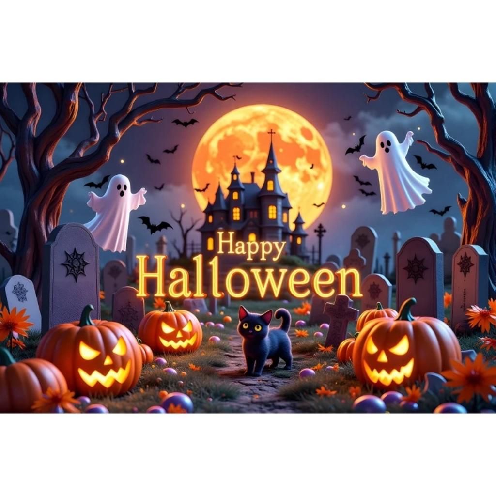 1pc Happy Halloween Party Backdrop Night Moon Gothic Castle Pumpkin Bats Waterprood Banner for Halloween Themed Party Decoration