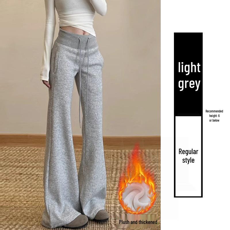 Women's Light Gray Flare Sweatpants with Plus Velvet – Slimming, Casual, Loose Fit for Autumn/Winter 2026