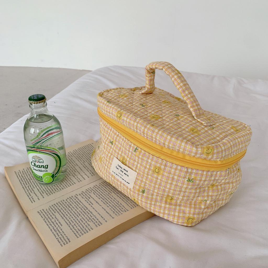 Cute Quilting Cotton Makeup Bag Women Zipper Cosmetic Organizer Travel Essentials Pouch Handbag Box Shape Ladies Toiletry Case
