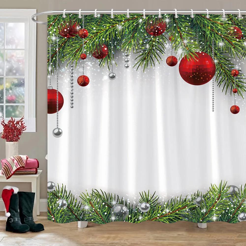 Christmas Theme Shower Curtain Winter Snow Christmas Tree Deer Rustic Wooden Panel Fabric Washable Shower Curtain Bathroom Decor