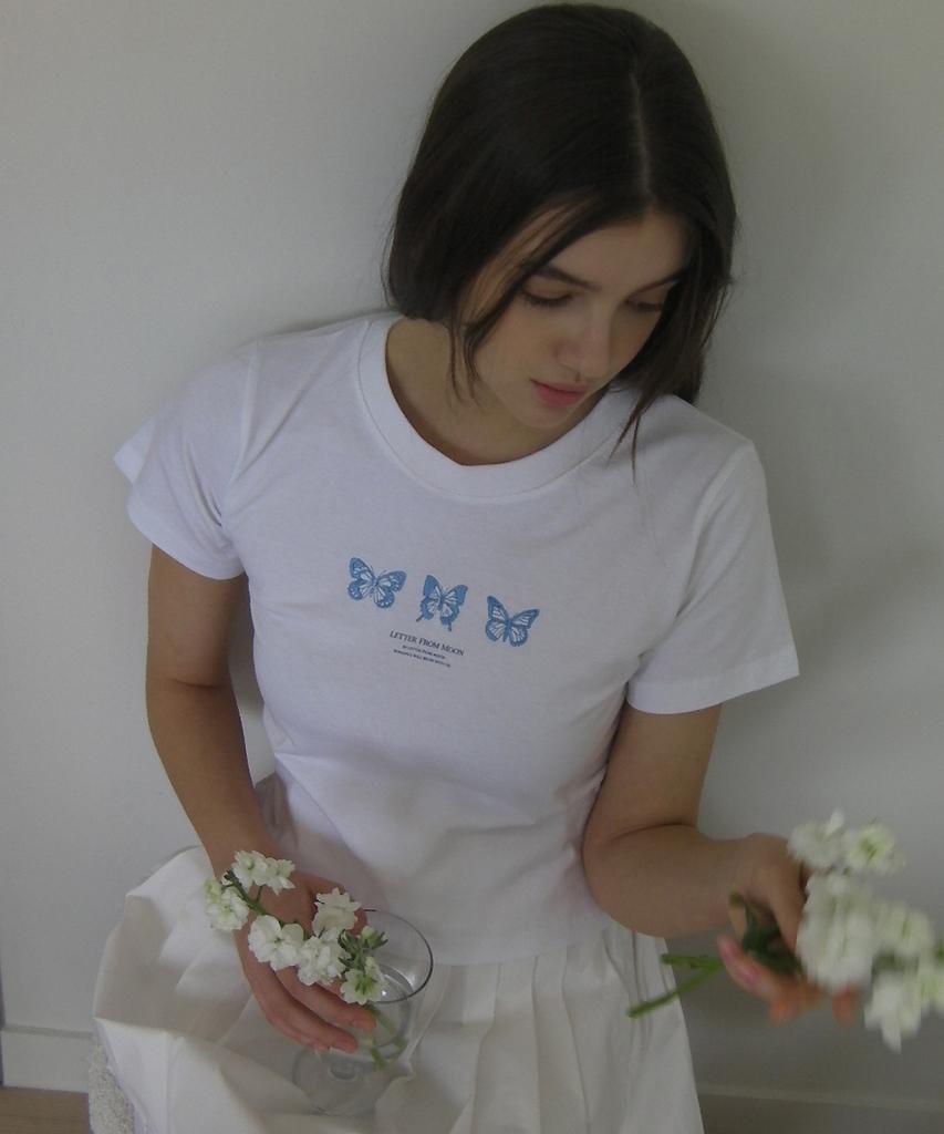 LETTER FROM MOON Triple Butterfly Embroidery Short Sleeve T-Shirt (White & Blue)