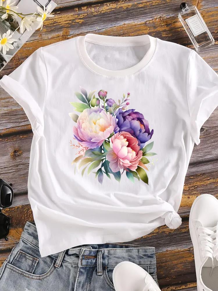 (Asian Size) Women Flower Watercolor Trend Cute 90s Short Sleeve Fashion Tee Top Clothing Print Lady Casual Tshirt Female Graphic T-shirts