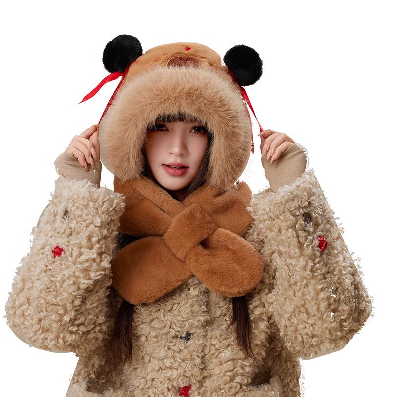 2025 Women's Capybara Warm Plush Hat Scarf Combo - Winter Windproof & Cold-Proof