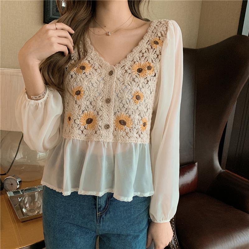 Spring Summer Crochet Top Chiffon Flower Embroidery Daisy Long Sleeve Button Front Fake Two-Piece Blouse