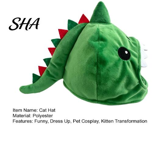 Breathable Pet Accessory for Photos Cute Dinosaur Hat Cats, Soft Plush Funny Cat Headwear Functional Grooming with Shark Design, Novelty Green Costume