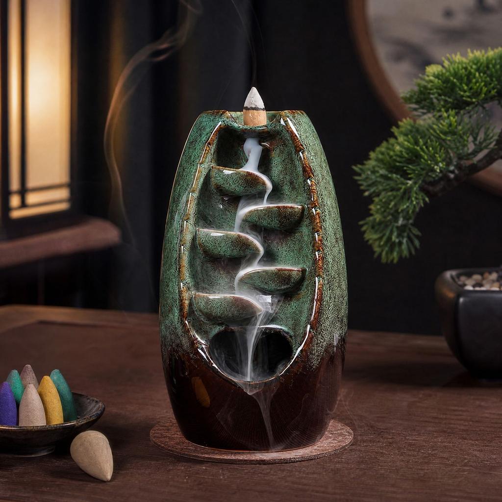 Backflow Incense Burner with 120 Incense Cones and 30 Sticks - Incense Holder Set with Cushion, Tweezers, Velvet Box for Home Decor