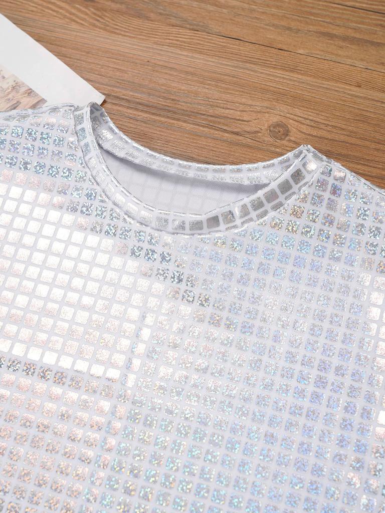 Unisex Kids Shiny Plaid Sequins T-shirt Round Neck Short Sleeve Cheerleading Dance Top