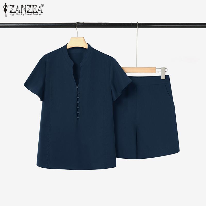 ZANZEA Women Short Sleeve Blouse and Shorts Summer Two Piece Suit Sets