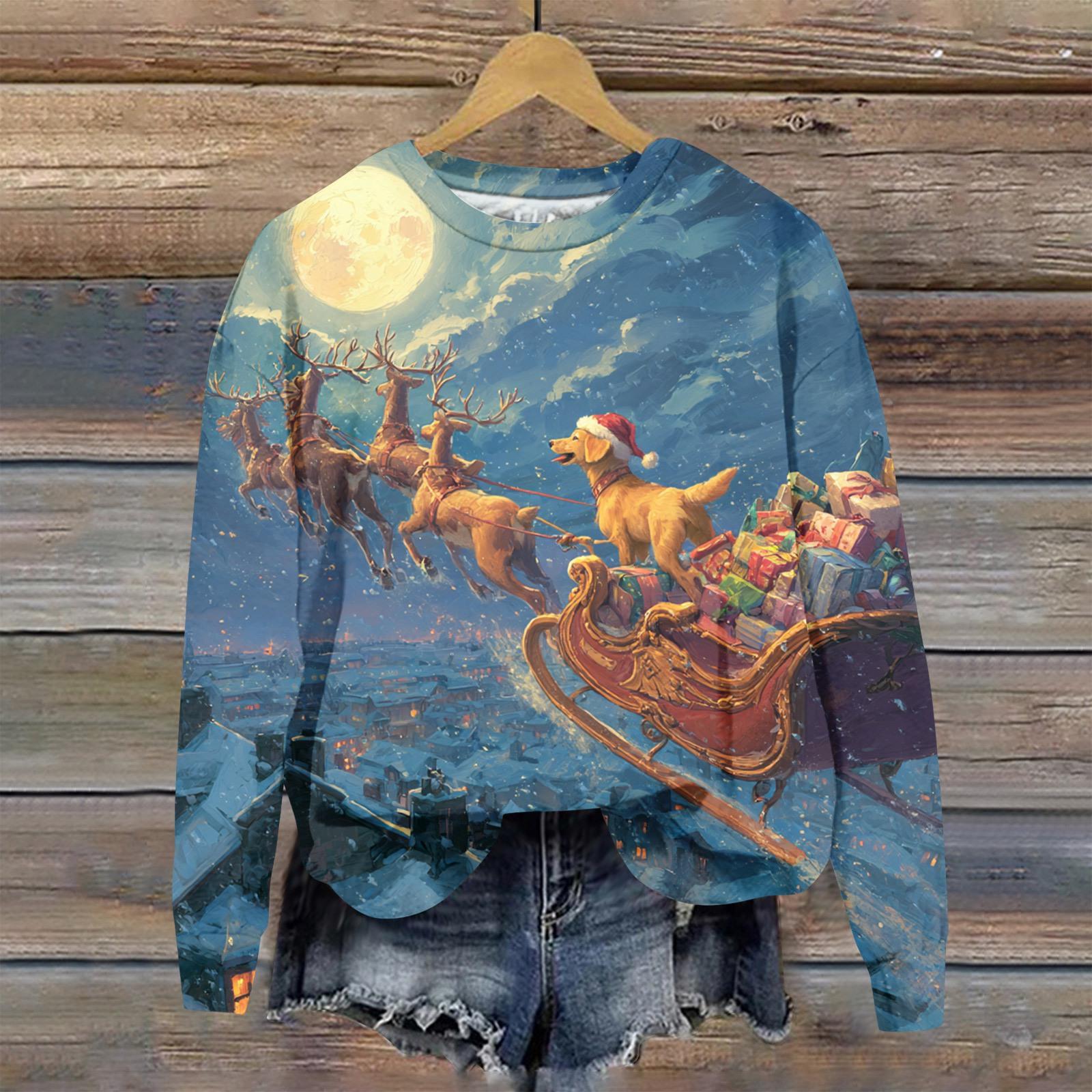 

Женская модная рождественская принтованная толстовка с длинным рукавом и круглым вырезом L синий