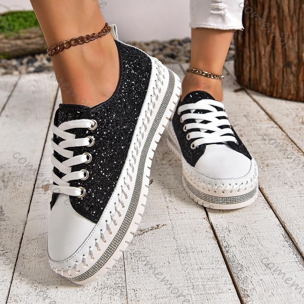 Comemore Women's Casual Shoes Flat Bottom Rhinestone Lace-up Sneakers for Women Spring Autumn Pltatform Sports Board Shoe Female