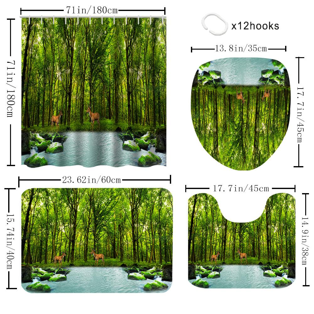 1/4 Forest Creek Shower Curtains, Toilet Seat Decoration, Shower Curtain With Carpet And Toilet Lid, 12 70.8X70.8 Inch Hooks