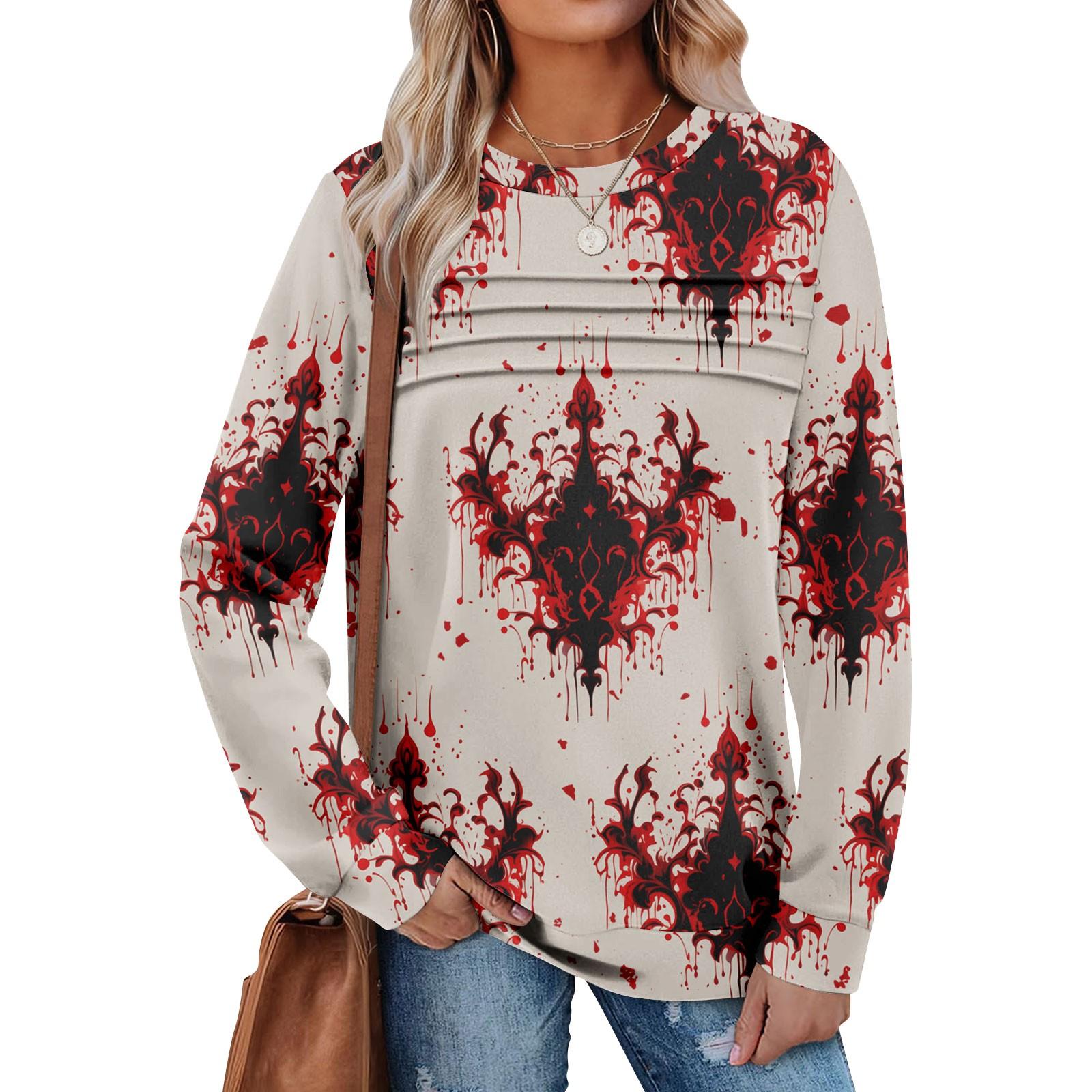 

Women s Casual Long Sleeve Round Neck Sweatshirt Fit Pleated Top XXL