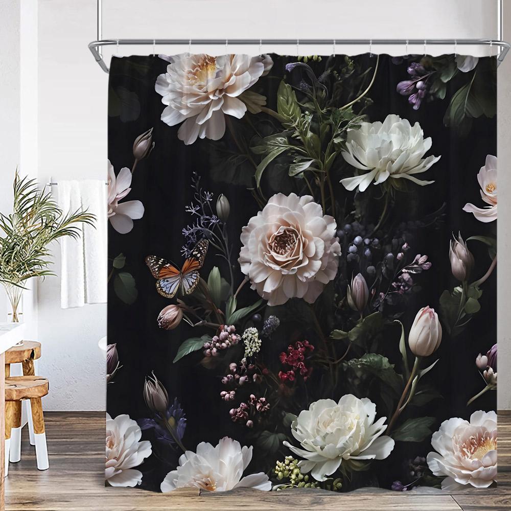 Vintage Floral Shower Curtain Colorful Flower Blossom Plant Green Leaf Dark Bathroom Decoration Polyester Bath Curtain with Hook