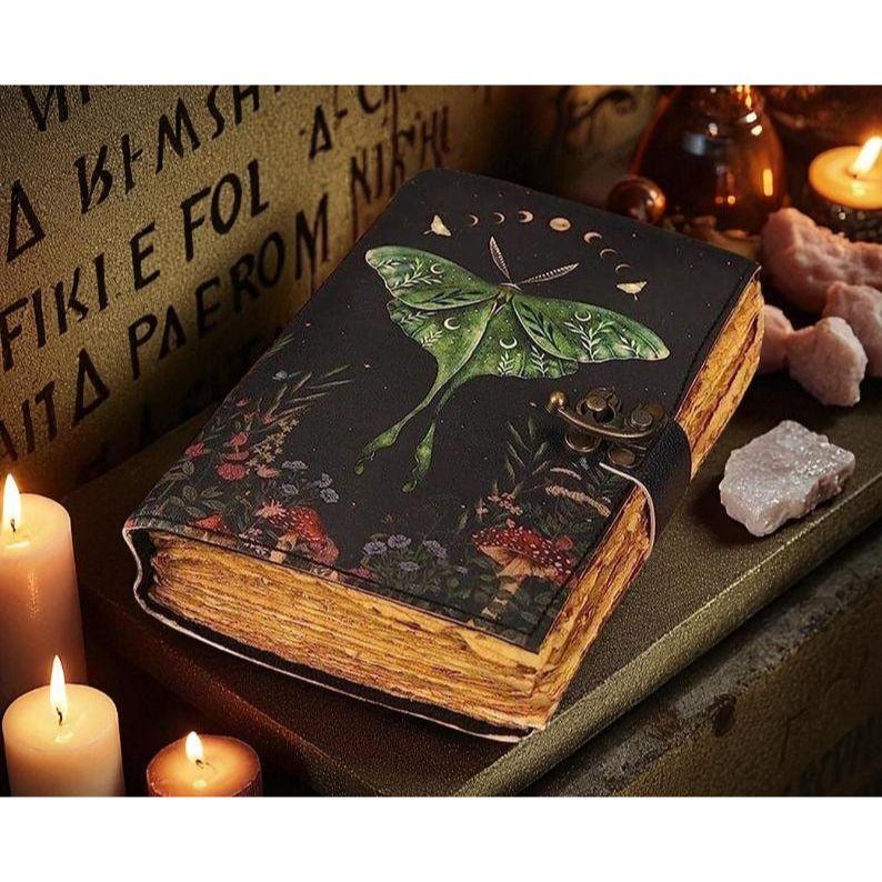 Luna Moth Leather Book of Shadows | Chakra Spell Journal | Leather Witchcraft Grimoire | Witchy Gift | Handmade Notebook