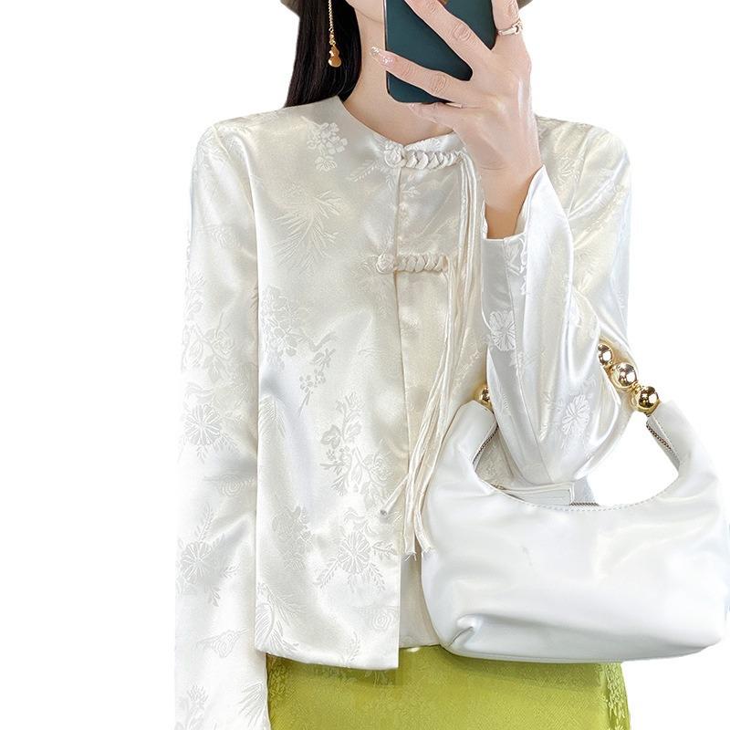 2024 Retro Tang Suit Women's Short Jacquard Jacket with Frog Buttons