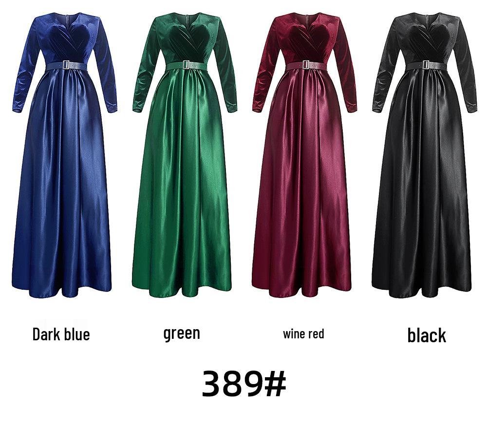 African Women's Deep V Velvet Long Sleeve Swing Dress with Belt - Autumn/Winter Fashion 2022