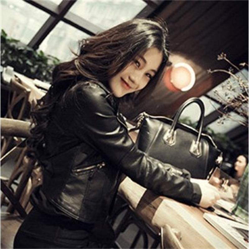 autumn winter turn down collar black PU leather jacket women slim casual fashion zipper coat outwear top