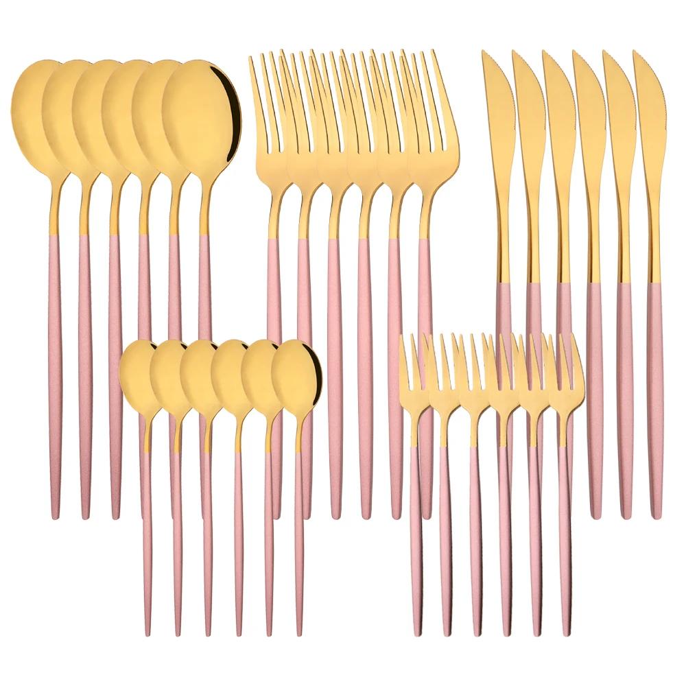 30Pcs Pink Silver Dinnerware Set Stainless Steel Steak Knife Fork Coffee Spoon Flatware Dishwasher Safe Kitchen Tableware Set