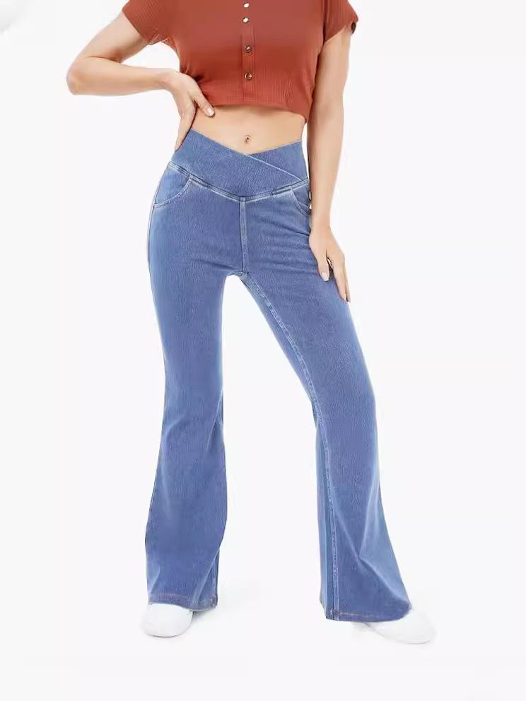 2024 Women's Plus Size Flare Yoga Pants - High Elastic Denim with Antibacterial Fabric