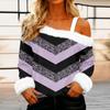 Women's Off-the-shoulder Plush Neck Printed Long-sleeved Pullover T-shirt Top
