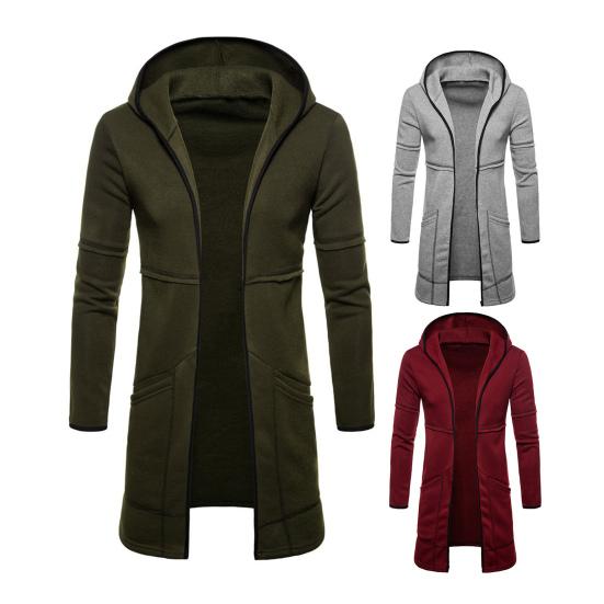 Hooded Long Sleeve Male Jacket Autumn Winter Windproof Solid Color Pockets Cardigan