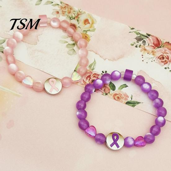 Durable Alloy Ribbon Wrist Jewelry Breast Cancer Awareness Bracelets, Charm Beads Elastic Beaded Bracelet for Women Bracelet, Encouragement