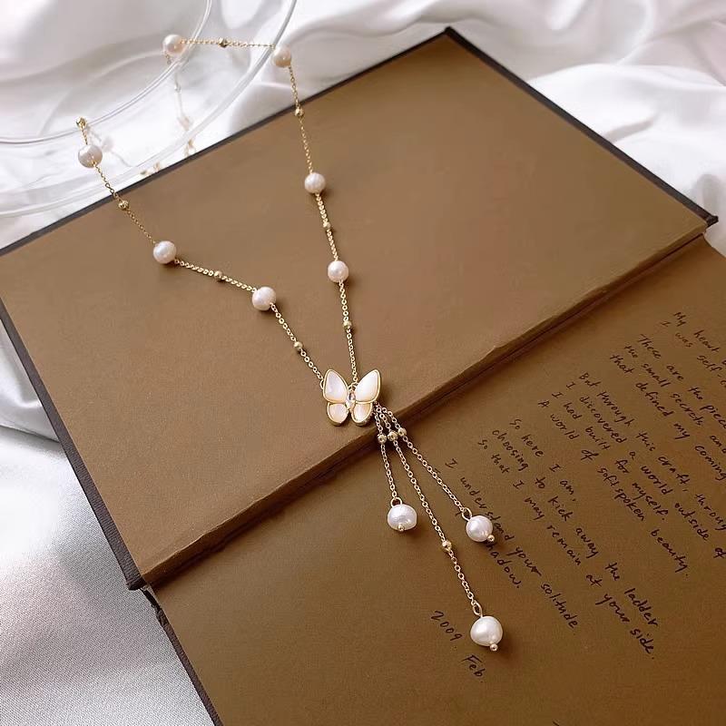 Titanium Steel Butterfly Tassel Necklace with Freshwater Pearls and Mother-of-Pearl