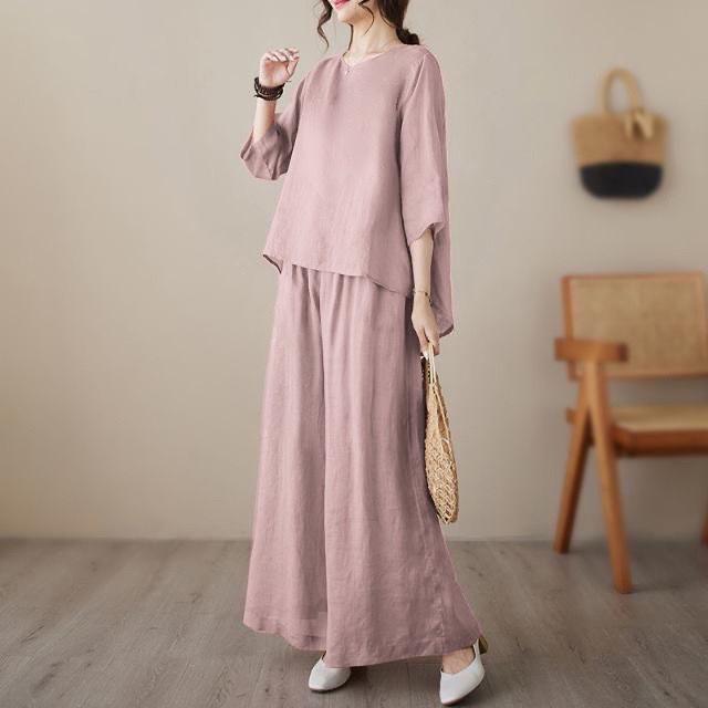 

Летний хлопково-льняной повседневный комплект-двойка большого размера для женщин среднего и пожилого возраста 4XL (155-170 kg)