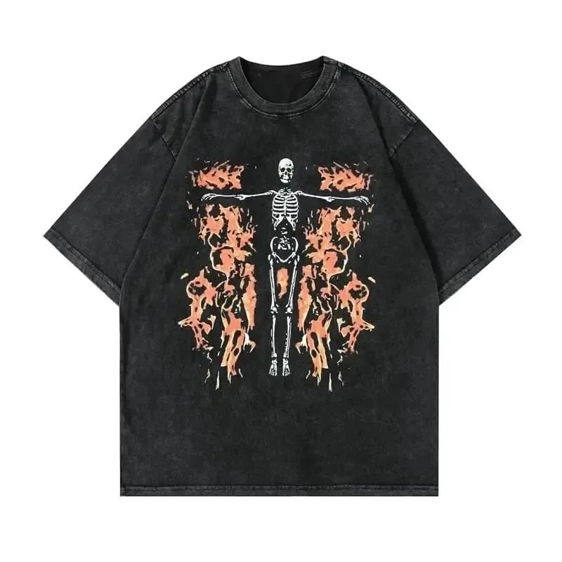Summer Men Vintage Washed T-Shirts Anime Gothic Streetwear Punk Unisex Short Sleeve Tops Tee Y2k Oversized T-Shirt Clothing