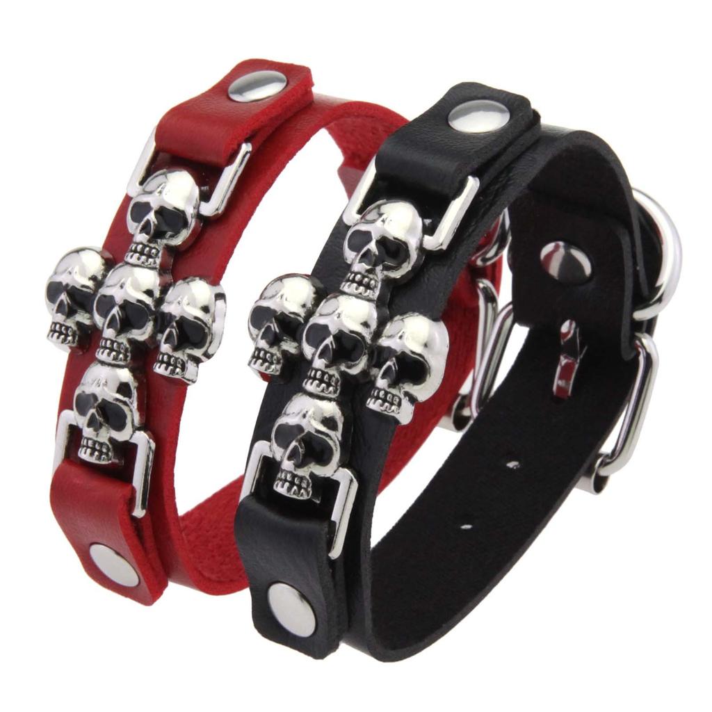 Multi Skull Cross PU Leather Bracelet, Adjustable Metal Pin Buckle Gothic Punk Unisex Wrist Cuff Wristband