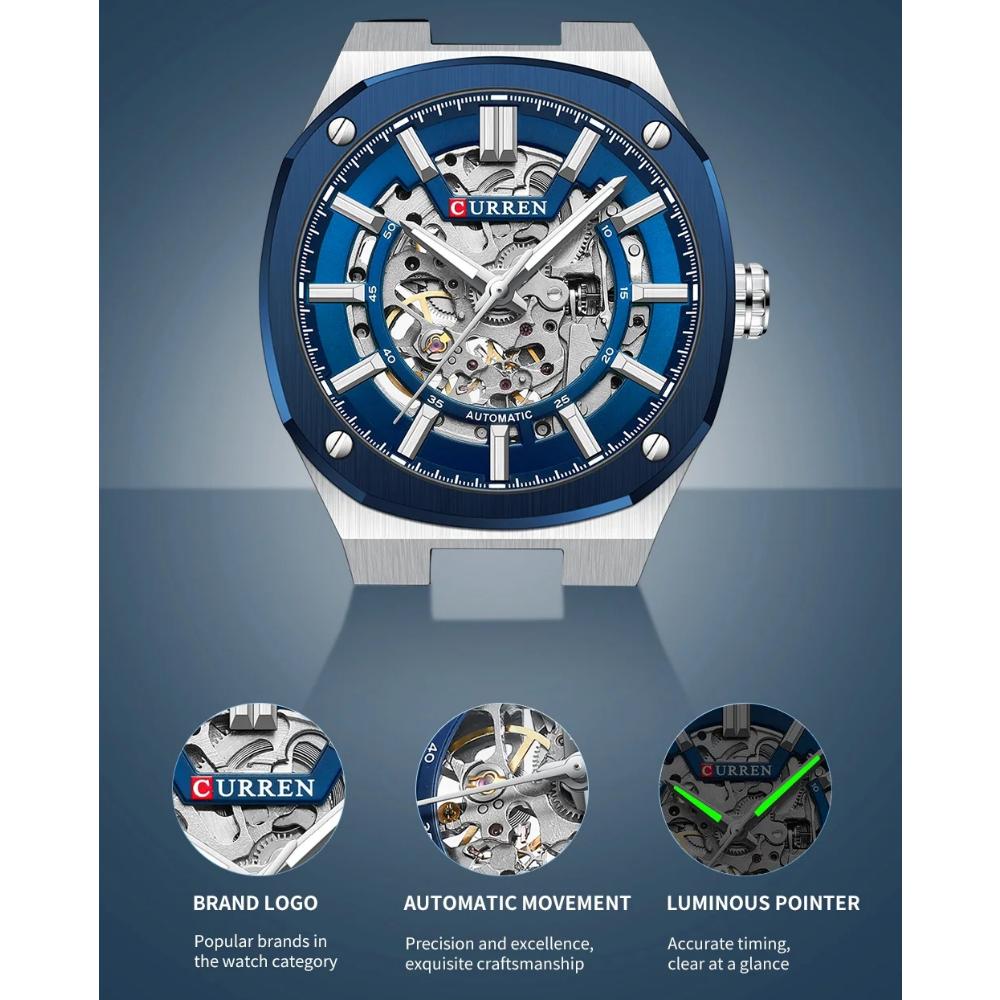 CURREN Men Automatic Mechanical Original Waterproof Silicone Strap Luminous Business Fashion Clock
