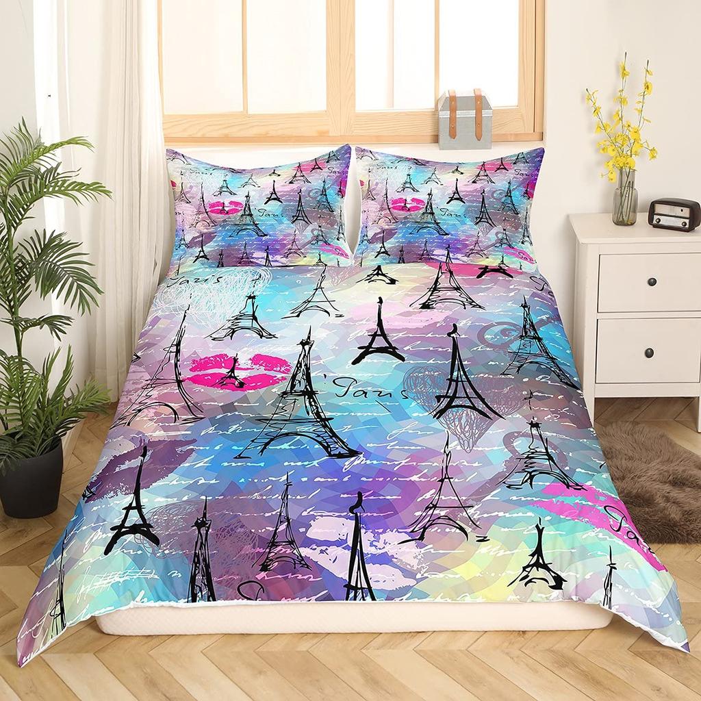 Eiffel Tower Duvet Cover Set King Size Paris Tower Bedding Set For Boy Girl Polyester Paris Cityscape Wooden Texture Quilt Cover