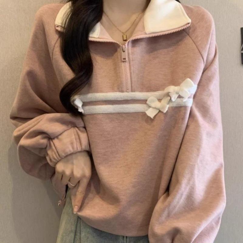 Pink Half Zip Ladies Hoodless Hoodie Loose Turndown Collar Bow Patchwork Design Women's Sweatshirt Autumn Trendy Fashionable Casual Famale Pullovers