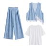 Summer new fashion design sense Muse temperament lace splicing two sides wear vest wide leg pants three-piece women