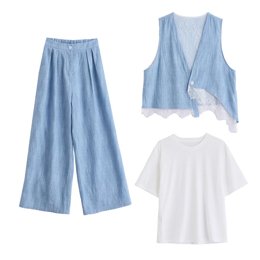 Summer new fashion design sense Muse temperament lace splicing two sides wear vest wide leg pants three-piece women