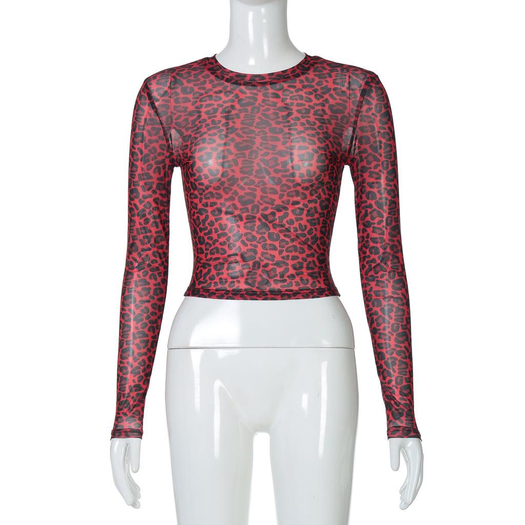 Women's Summer Round Neck Long Sleeve Leopard Print Mesh Sheer Long Sleeve T-Shirt Top