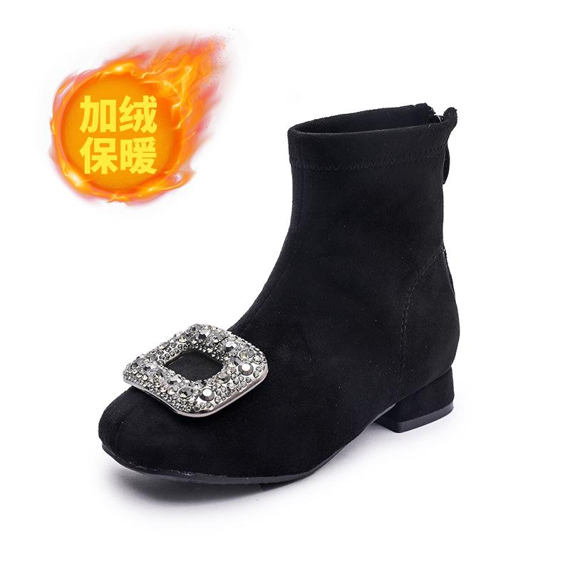 2025 new girls high heels shiny girls square head rhinestone buckle short boots autumn and winter warm temperament suede fashion boots