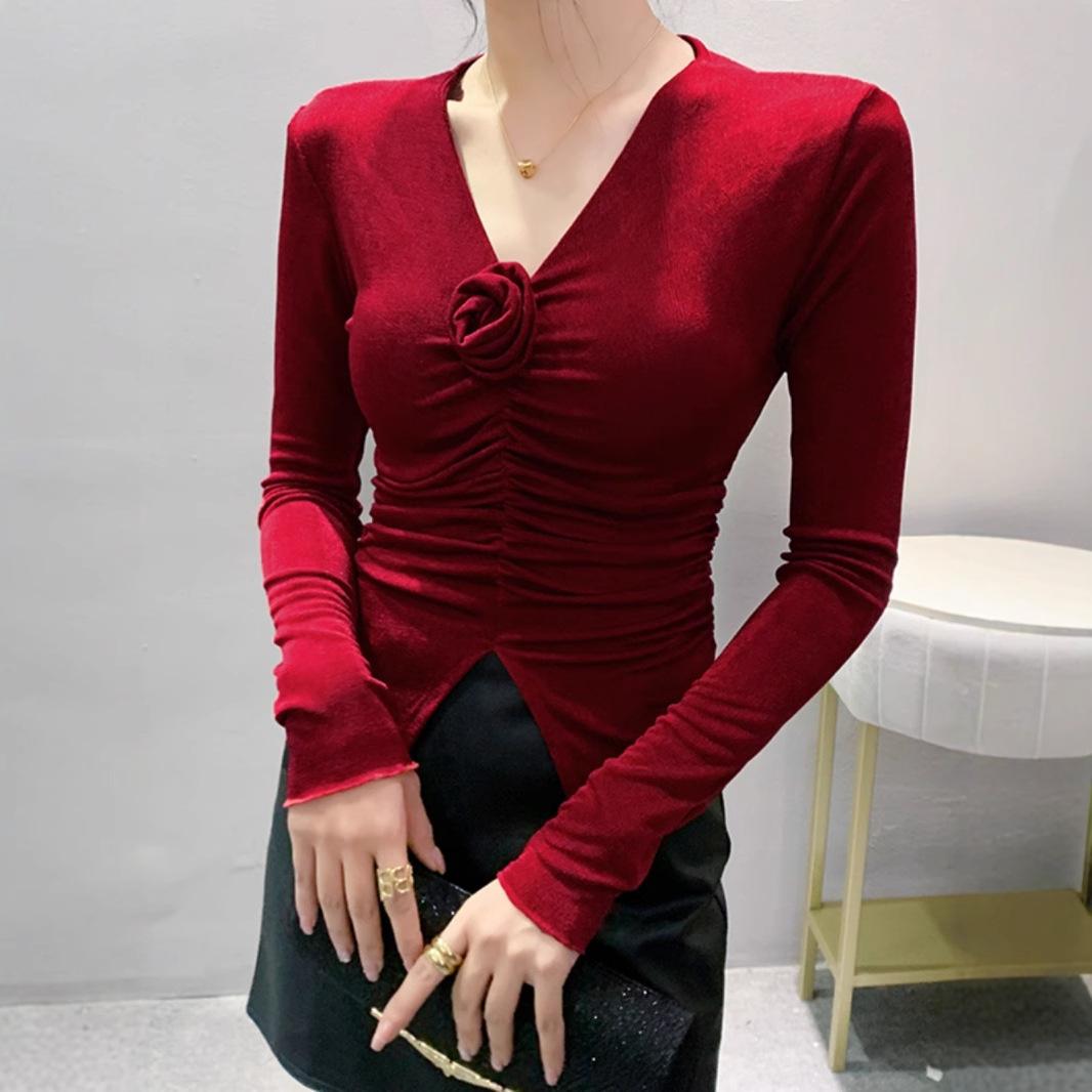 

Новая зимняя французская футболка с V-образным вырезом и цветочным узором, футболка с длинными рукавами и разрезом, одежда для женщин 3XL