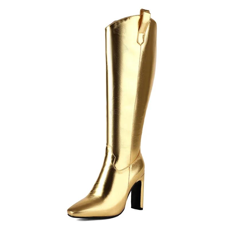 

Gold Western Cowboy Square Toe Knee High Boots for Women Oblate Chunky Heels Winter White Party Dress Cowgirl Zipper Long Boots 46 золотой
