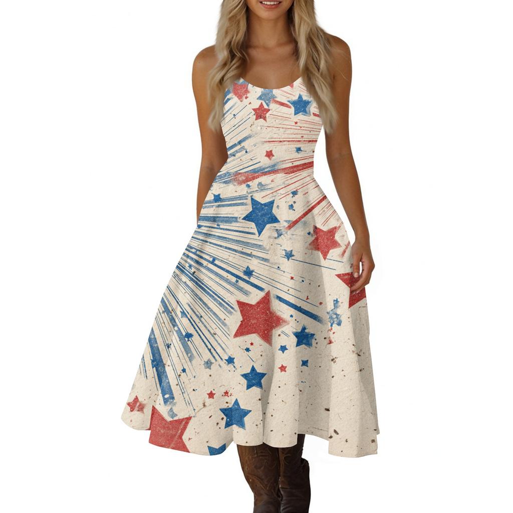 Women's Casual Fashion Independence Day Print V-Neck Retro Sleeveless Dress