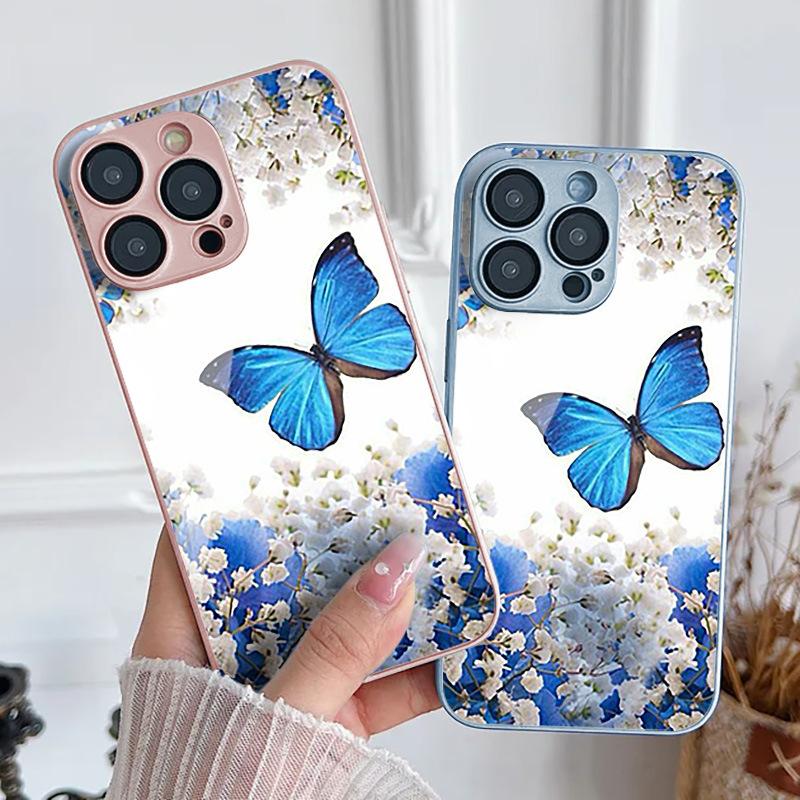 Blue butterfly flower is suitable for iPhone Apple 17Promax full series fine hole 17Pro explosion new 17Air new