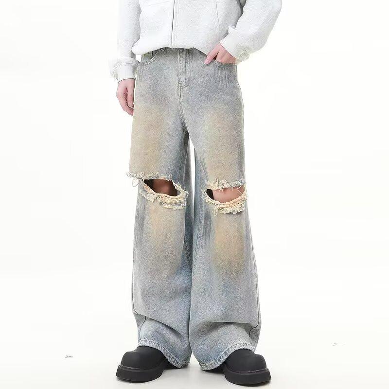 Jeans spring and autumn street hole design loose casual straight teen mopping pants long pants men
