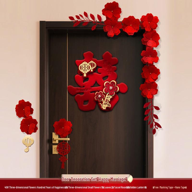 

Double Happiness Wedding Room Decoration Set: Door Sticker, Pull Flower, Bride & Groom s Side Bedroom Decor