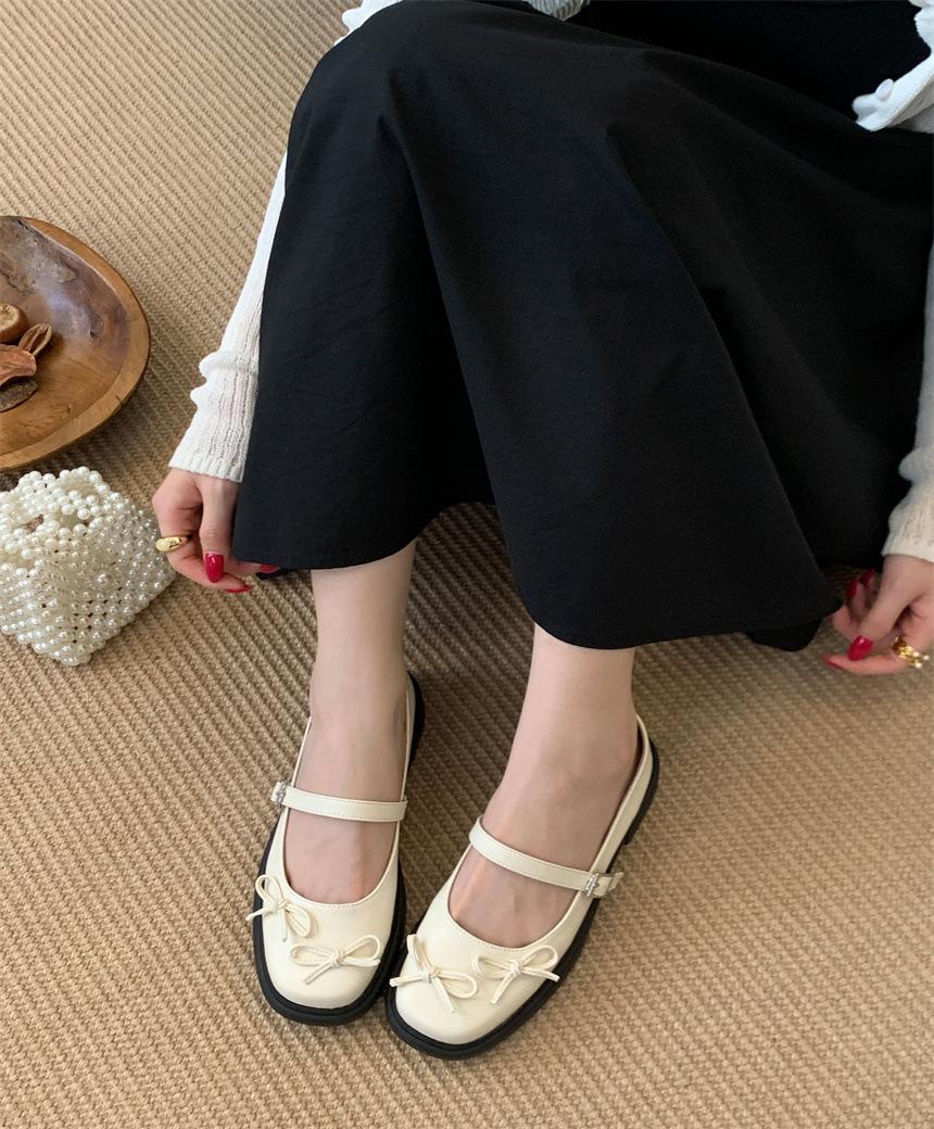 

French retro college style small leather shoes bow girl Mary Jane shoes summer platform with skirt thick heel single shoes 39 абрикосовий